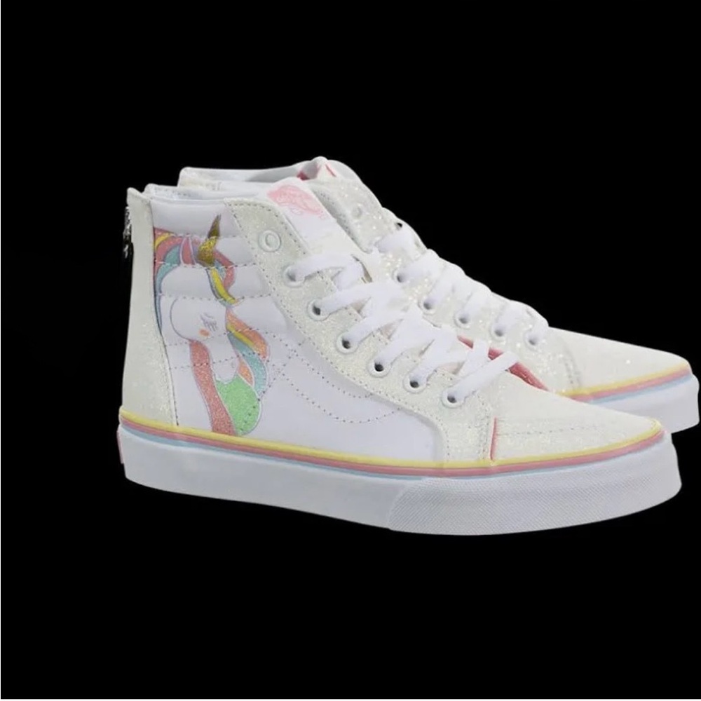 Vans Off The Wall Sk8 Glitter White High-Top Sneakers with Rainbow hair Unicorn